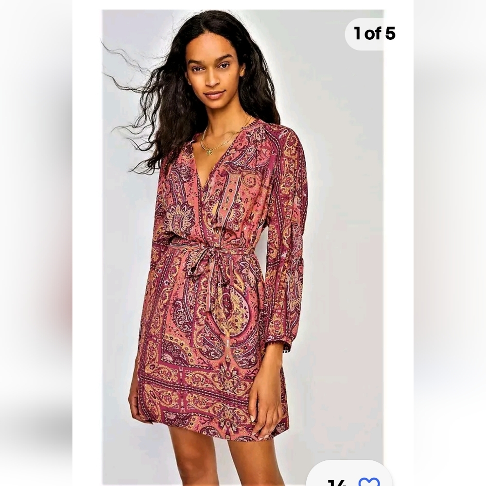 Anthropologie Tiny Odetta Boho Mini Lined Dress Pink/Wine Combo Size s